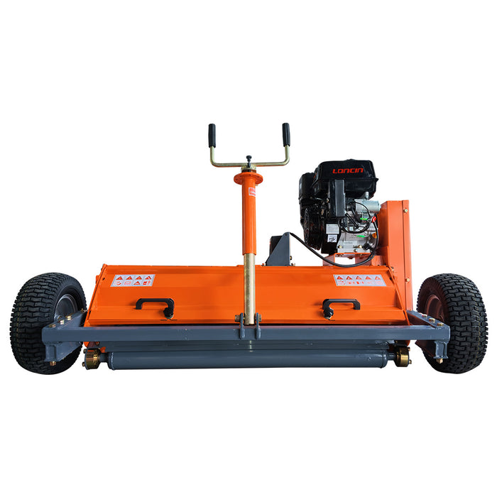 Front view of orange ATV/UTV Tow Behind Flail Mower showing roller and handles