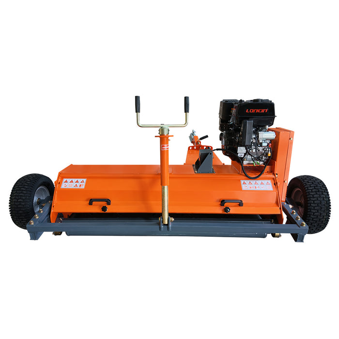 Front view of ATV/UTV Tow Behind Flail Mower showing handle and engine.
