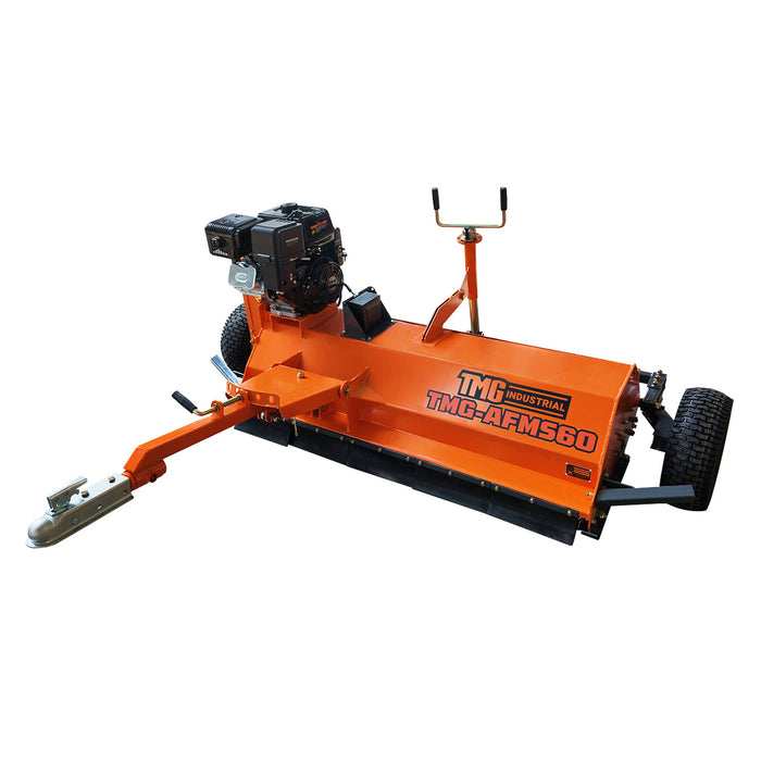 Orange ATV/UTV Tow Behind Flail Mower showing engine, hitch, and wheels.