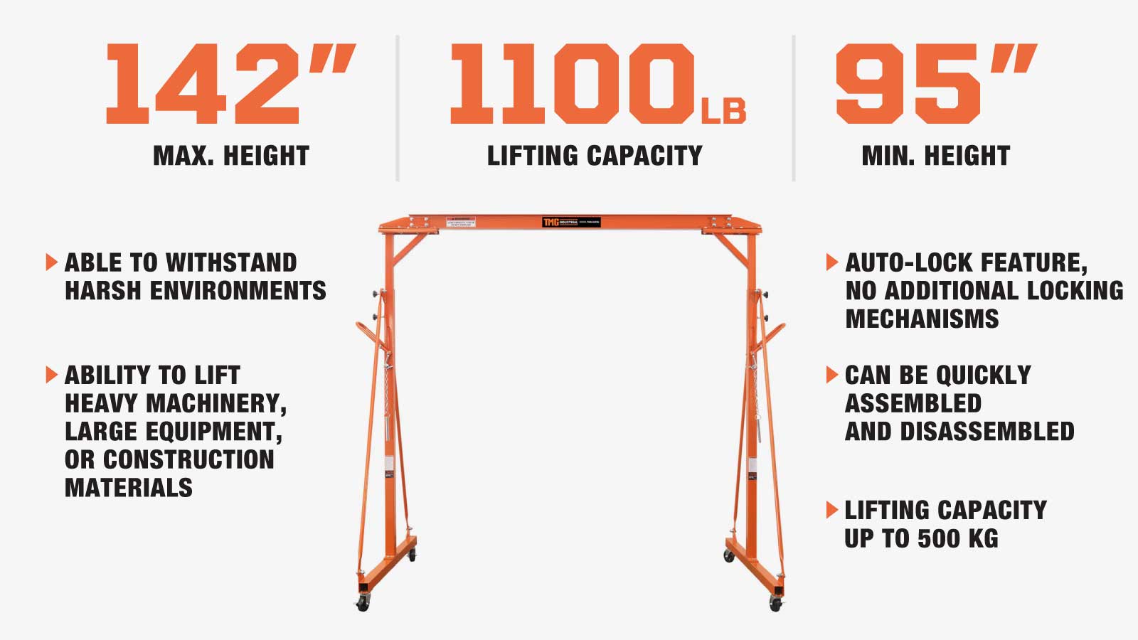 TMG Industrial 1100-lb Adjustable Height All-Steel Gantry Crane, Auto-Lock, 95” Min. Height, 142” Max. Height, Locking Swivel Caster Wheels, TMG-AGC06(Previously TMG-AGC05)-description-image