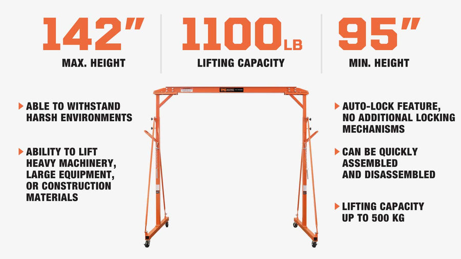 0.5 Ton  Steel Gantry Crane with Adjustable Height, Auto-Lock & Swivel Caster Wheels TMG-AGC06