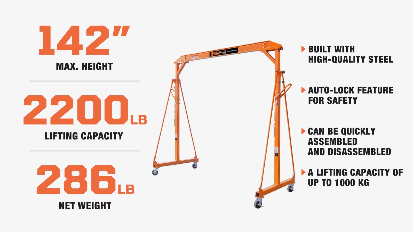 TMG Industrial 2200-lb Adjustable Height All-Steel Gantry Crane, Auto-Lock, 95” Min. Height, 142” Max. Height, Locking Swivel Casters, TMG-AGC11(Previously TMG-AGC10)-description-image