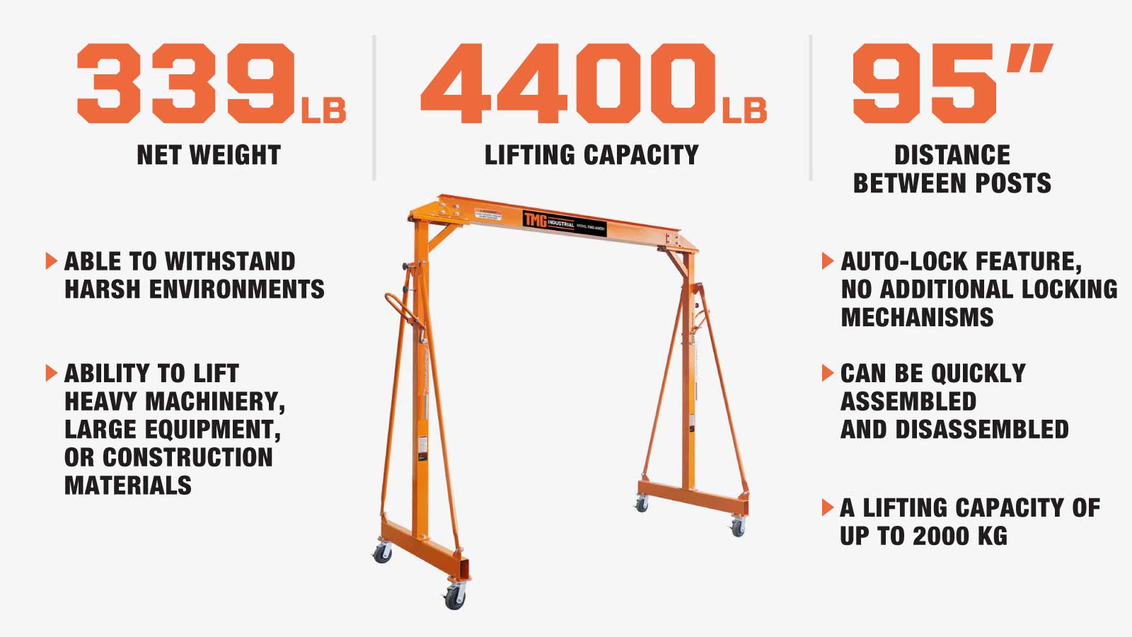 TMG Industrial 4400-lb Adjustable Height All-Steel Gantry Crane, Auto-Lock, 95” Min. Height, 142” Max. Height, Locking Swivel Caster Wheels, TMG-AGC21(Previously TMG-AGC20)-description-image