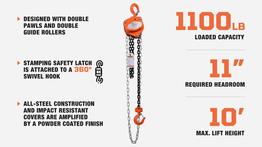 0.5 Ton 10' Lift Chain Hoist, 360° Swivel Hook, ASME B30.16, TMG-AHC0