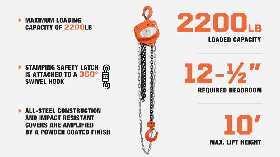 1 Ton 10' Lift Chain Hoist, 360° Swivel Hook, ASME B30.16, TMG-AHC1