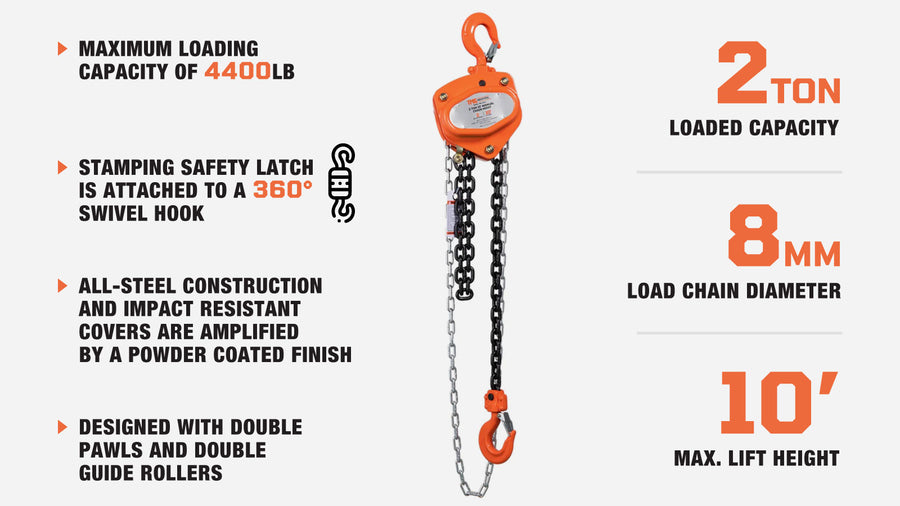 2 Ton 10' Lift Chain Hoist, 360° Swivel Hook, ASME B30.16, TMG-AHC2