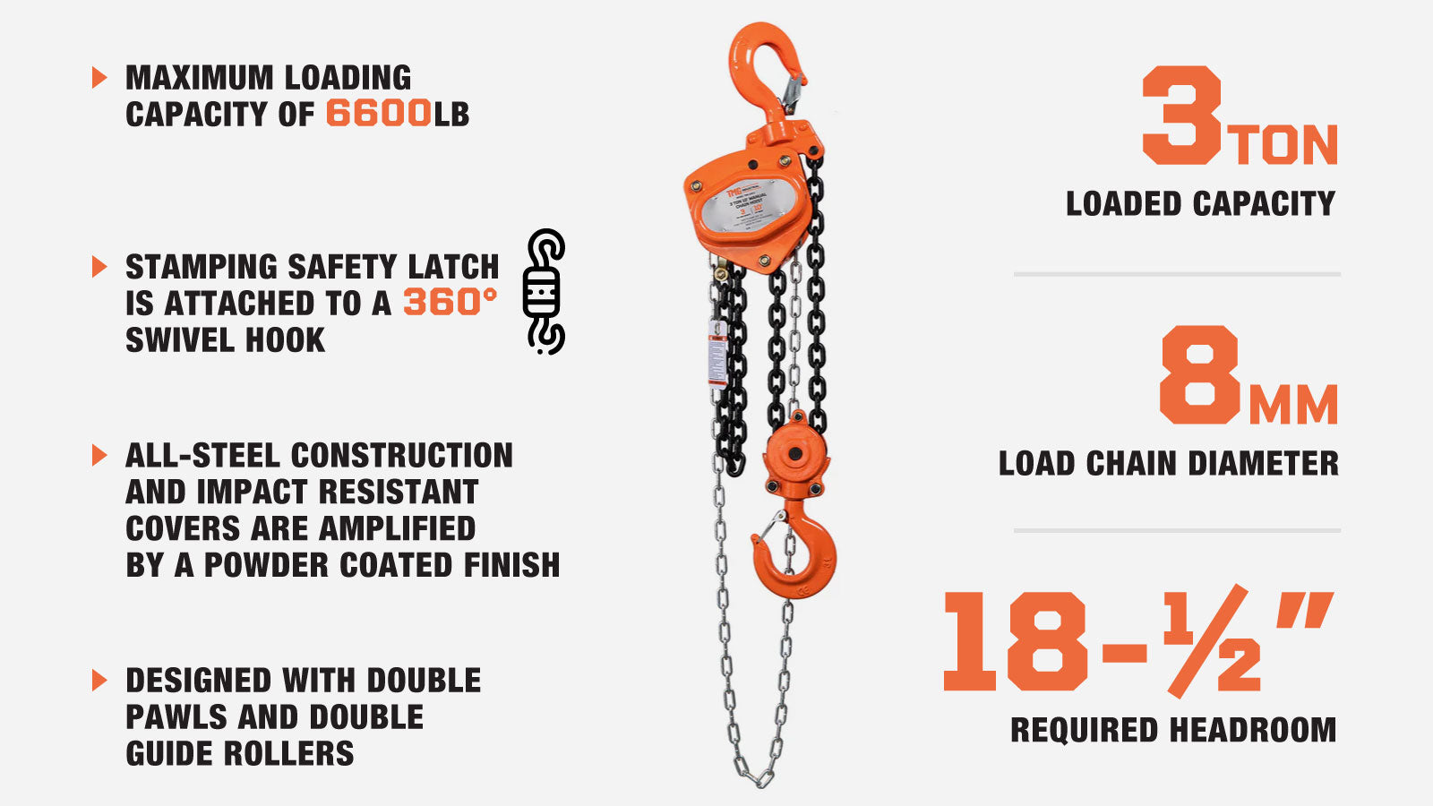 TMG Industrial 3 Ton 10' Lift Chain Palan, Crochet pivotant à 360°, ASME B30.16, TMG-AHC3-description-image