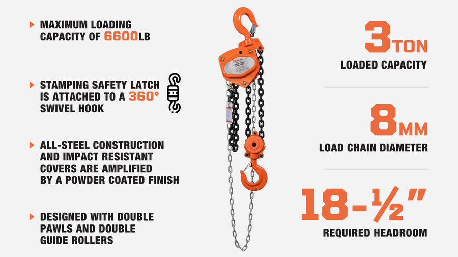 3 Ton 10' Lift Chain Hoist, 360° Swivel Hook, ASME B30.16, TMG-AHC3
