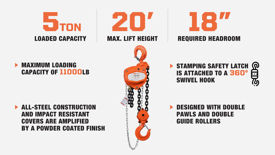 5 Ton 20' Lift Chain Hoist, 360° Swivel Hook, ASME B30.16, TMG-AHC5