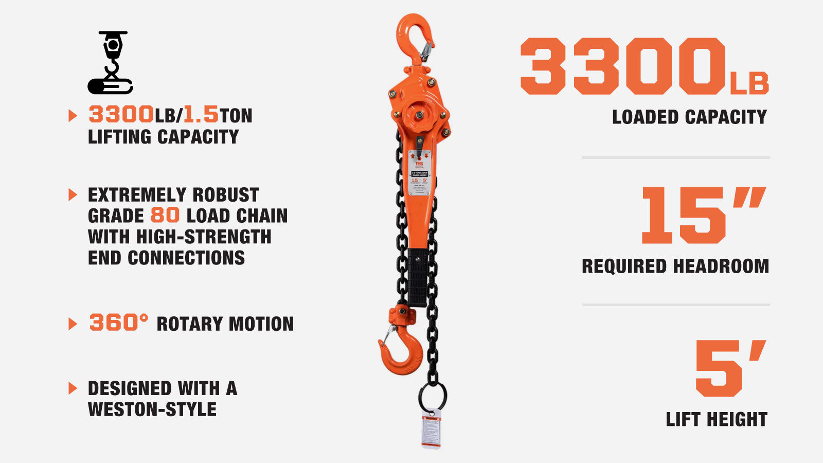 TMG Industrial 1.5 Ton 5' Lift Lever Chain Hoist, Twin Pawl Brakes, ASME B30.21, TMG-AHL2-description-image