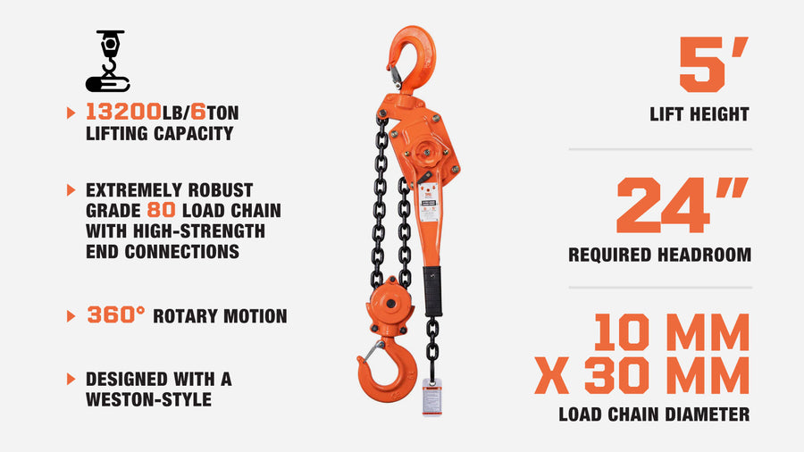 6 Ton 5' Lift Lever Chain Hoist, Twin Pawl Brakes, ASME B30.21, TMG-AHL6