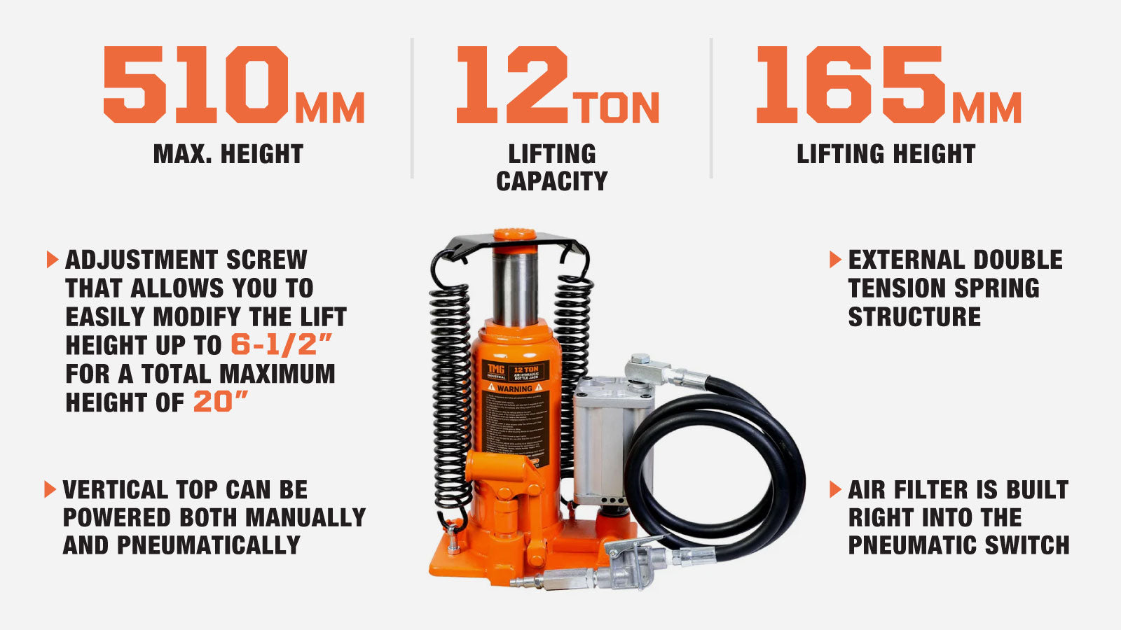 TMG Industrial 12 Ton Air Hydraulic Bottle Jack, Manual & Pneumatic Control, Double Springs, 20” Lift Height, TMG-AJA12-description-image