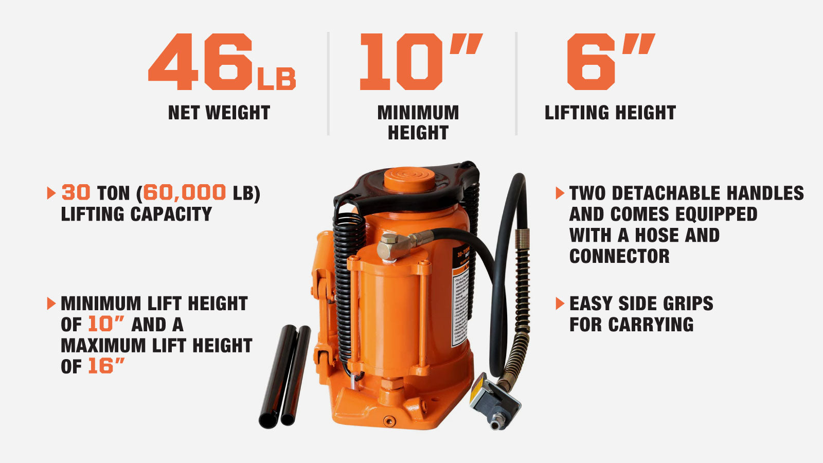 TMG Industrial 30 Ton Air Hydraulic Bottle Jack, 10” Minimum Height, 16” Maximum Height, TMG-AJA30-description-image