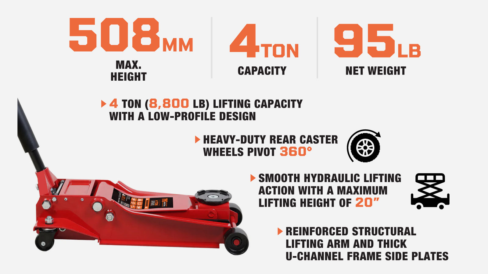 TMG Industrial 4 Ton Low Profile Floor Jack, 20” Max. Height, 4” Ground Clearance, 360° Caster Pivot, TMG-AJF04L-description-image