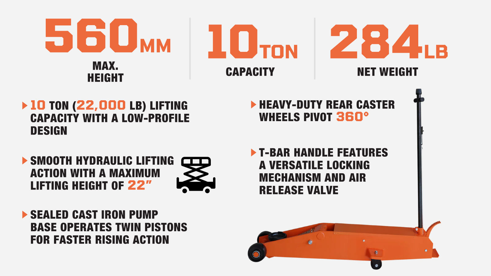 TMG Industrial 10 Ton Long Reach Chassis Service Jack, Twin Pistons, 6-1/2” Ground Clearance, 360° Pivot, TMG-AJL10-description-image