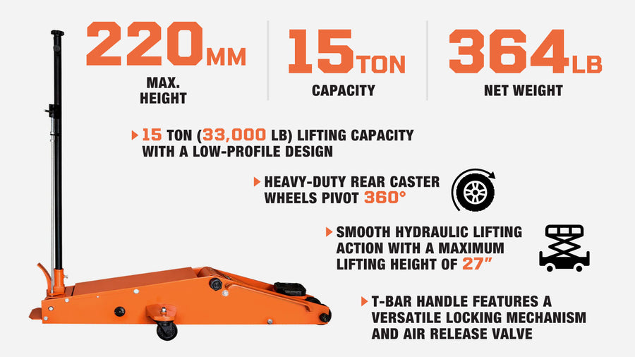 15 Ton Long Reach Chassis Service Jack, Twin Pistons, 9" Ground Clearance, 360° Pivot, TMG-AJL15