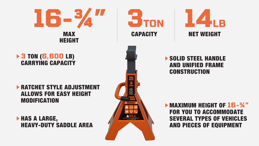3 Ton Jack Stand, Ratchet Style, Large Saddle, Unified Frame Construction, Solid Steel Handle, 1 Pair, TMG-AJS03 (Discontinued – No Longer Available)
