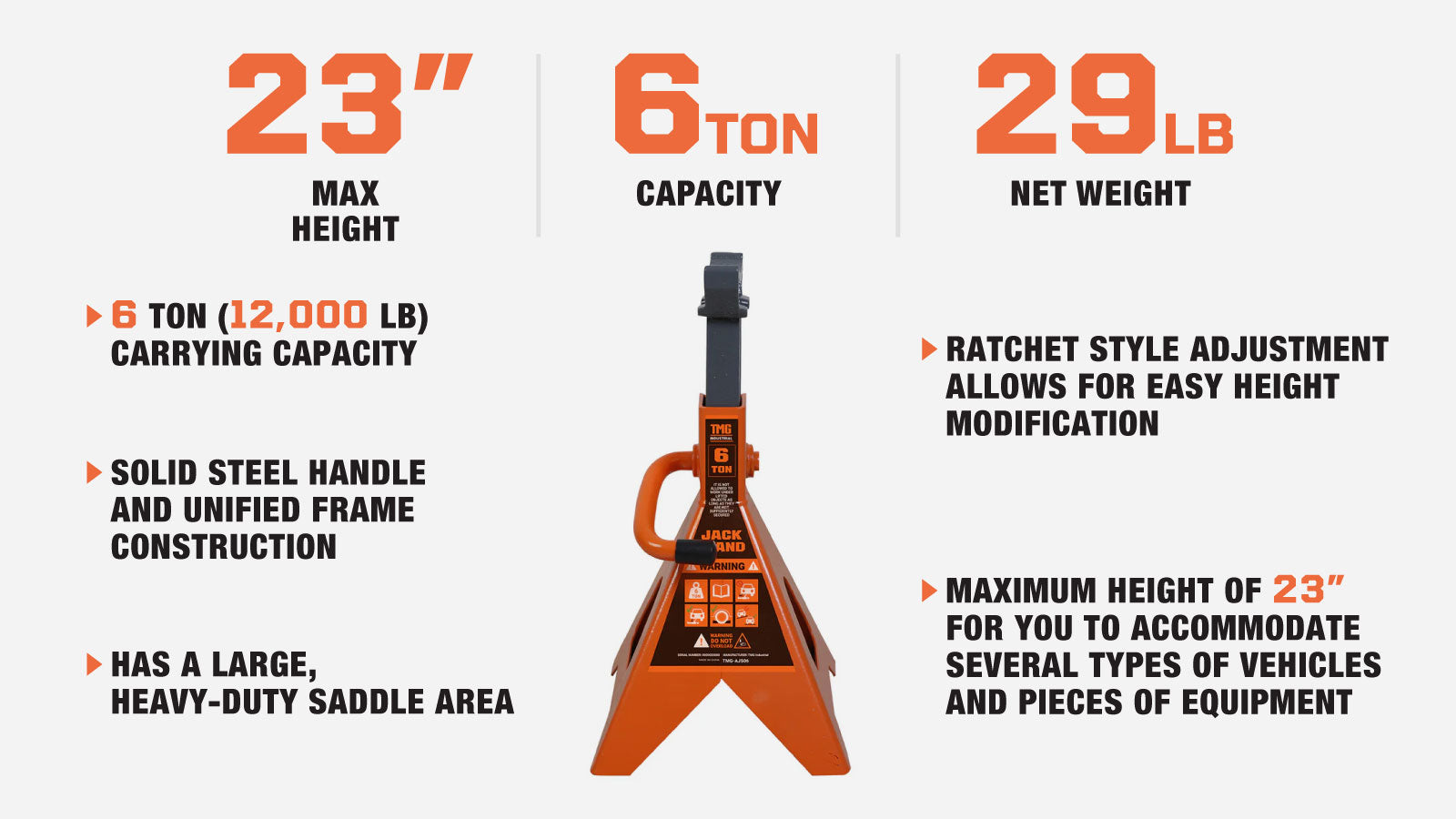 TMG Industrial 6 Ton Jack Stand, Ratchet Style, Large Saddle, Unified Frame Construction, Solid Steel Handle, 1 Pair, TMG-AJS06-description-image