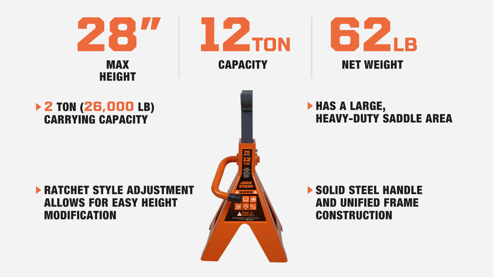 TMG Industrial 12 Ton Jack Stand, Ratchet Style, Large Saddle, Unified Frame Construction, Solid Steel Handle, 1 Pair, TMG-AJS12-description-image