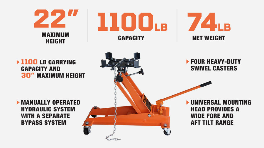 1100-lb Low-Profile Transmission Jack, Swivel Casters, 360° Moving Handle, TMG-AJT10