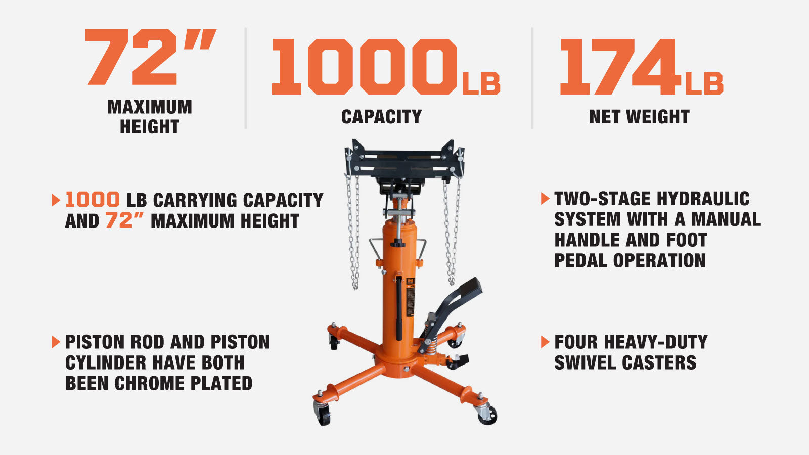 TMG Industrial 1100-lb Two-Stage Telescopic Transmission Jack, Foot Pedal, Swivel Casters, TMG-AJT11-description-image