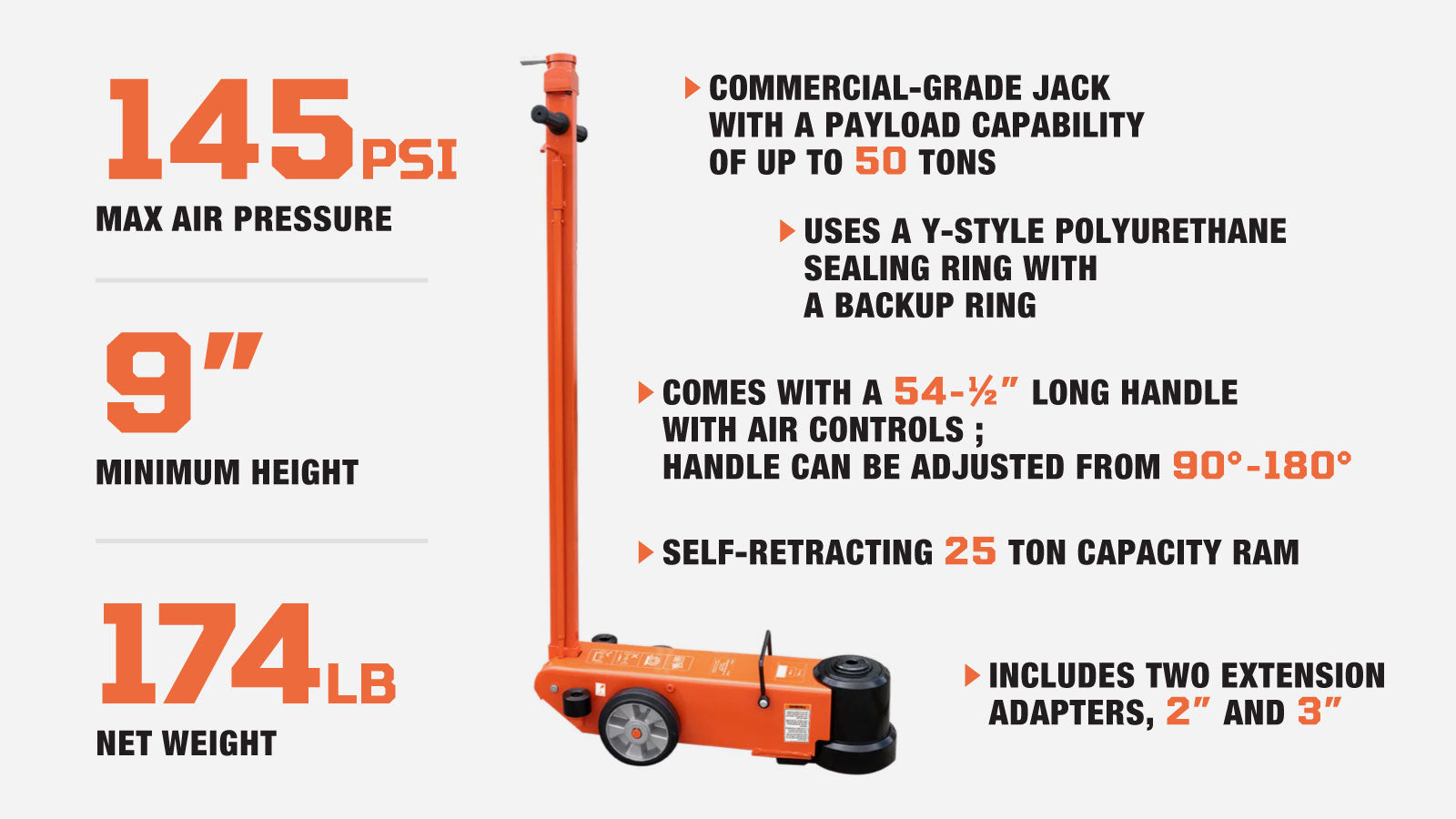 TMG Industrial 50 Ton Air Hydraulic Two Stage Truck Jack, 25 Ton Self-Retracting Ram, Adjustable 90°-180°, TMG-AJT50-description-image