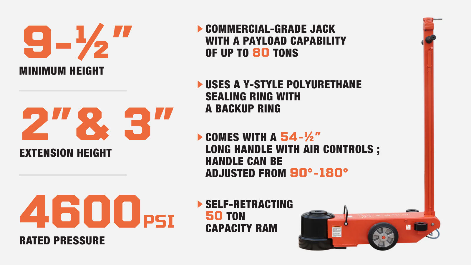 TMG Industrial 80 Ton Air Hydraulic Two Stage Truck Jack, 50 Ton Self-Retracting Ram, Adjustable 90°-180°, TMG-AJT80-description-image