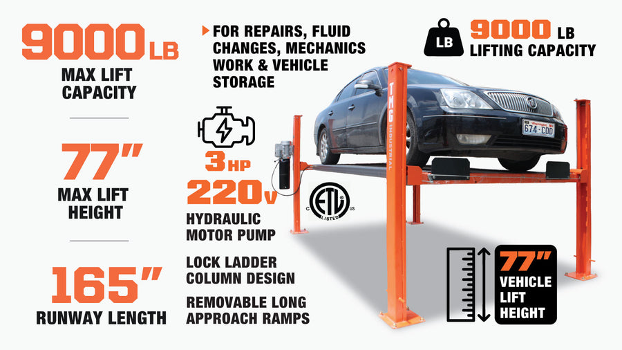 4-Post Auto Lift, 9,000 lb Lift Capacity, 77" Rise, Removable Ramp, CETL Certified Power Unit, TMG-ALF90