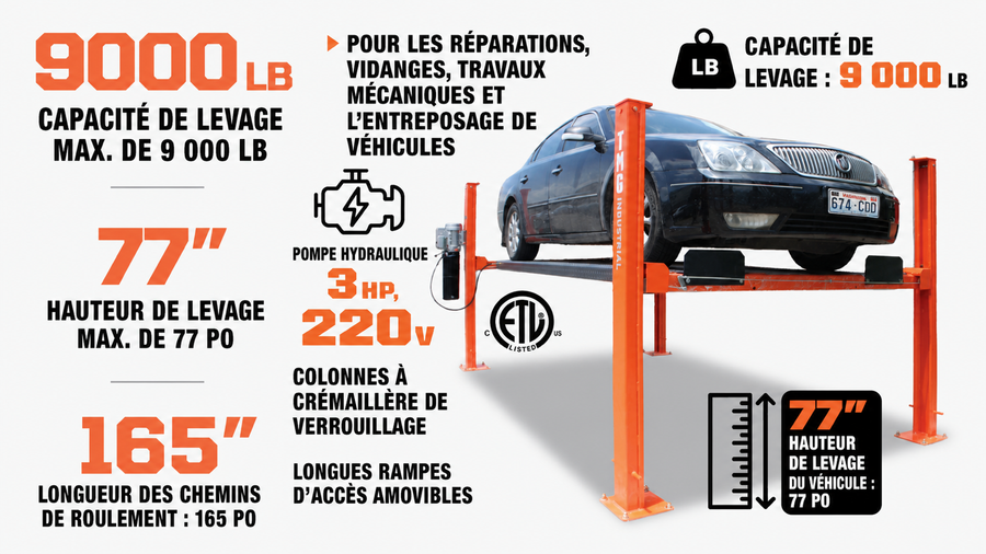 Pont élévateur automobile à 4 colonnes, capacité de levage de 9 000 lb, élévation de 77 po, rampe amovible, unité hydraulique certifiée CETL, TMG-ALF90