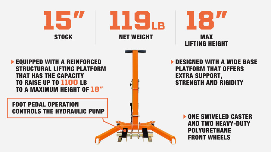 1100-lb Mobile Motorcycle Lift, 18" Max. Lift Height, Wide Base Platform, Foot Pedal Operation, Hydraulic Pump, TMG-ALM50 ((Discontinued, No Longer Available)