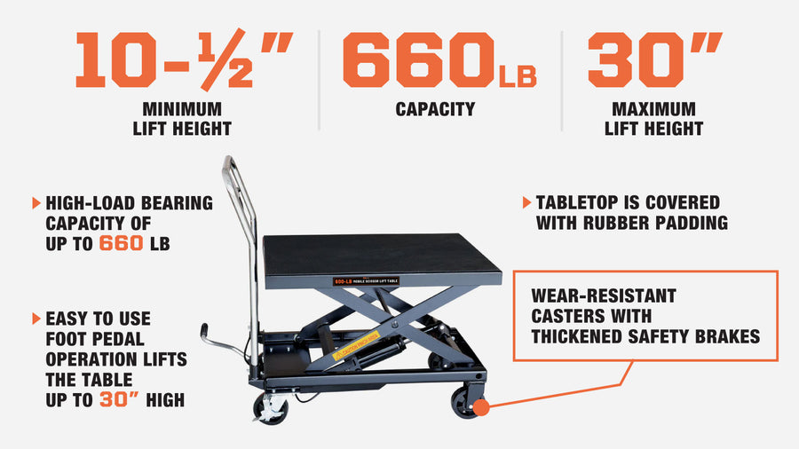 660-lb Mobile Scissor Lift Table, 30" Lifting Height, Foot Pedal Operation, Rubber Padded Tabletop, TMG-ALS03