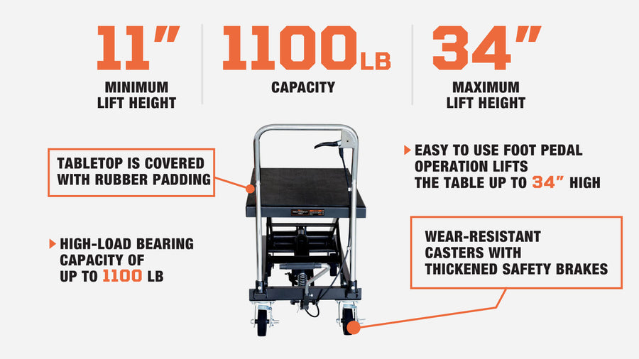 1100-lb Mobile Scissor Lift Table, 34" Lifting Height, Foot Pedal Operation, Rubber Padded Tabletop, TMG-ALS05