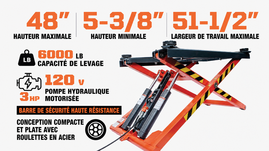 Pont élévateur automobile à ciseaux portable à mi-hauteur, capacité de levage de 6000 lb, hauteur de levage de 48", déverrouillage à point unique, TMG-ALS61