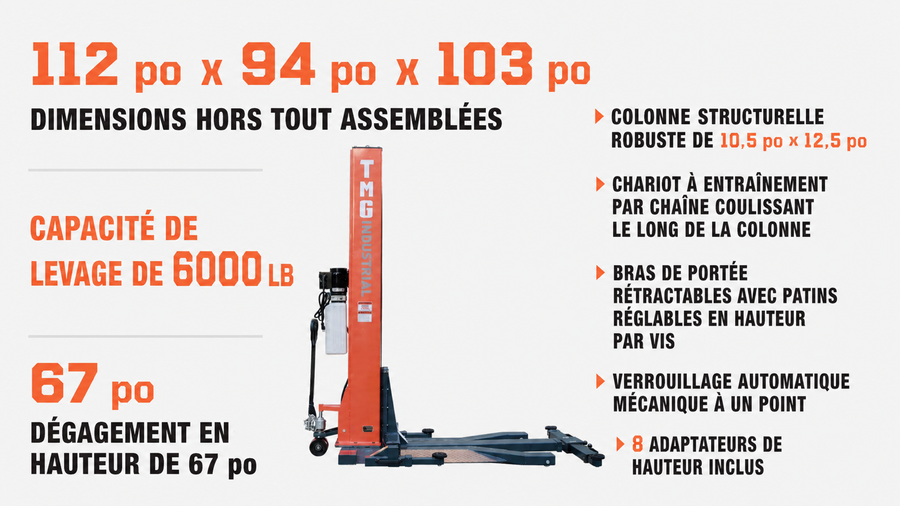 Pont élévateur automobile portable à colonne unique de 6000 lb, hauteur de levage de 72", cric à profil bas, pompe certifiée cETL, TMG-ALSP60