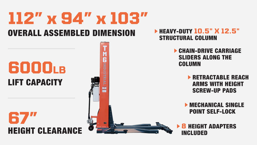 6000 LB Portable Single Post Auto Lift, 72'' Lifting Height, Low Profile Jack, CETL certified Pump, TMG-ALSP60