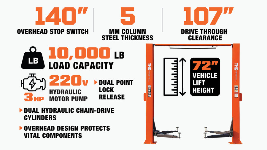 10,000-lb Two Post Overhead Auto Lift, Symmetric Arms, 72" Lift Height, Dual-Point Lock Release, TMG-ALT100