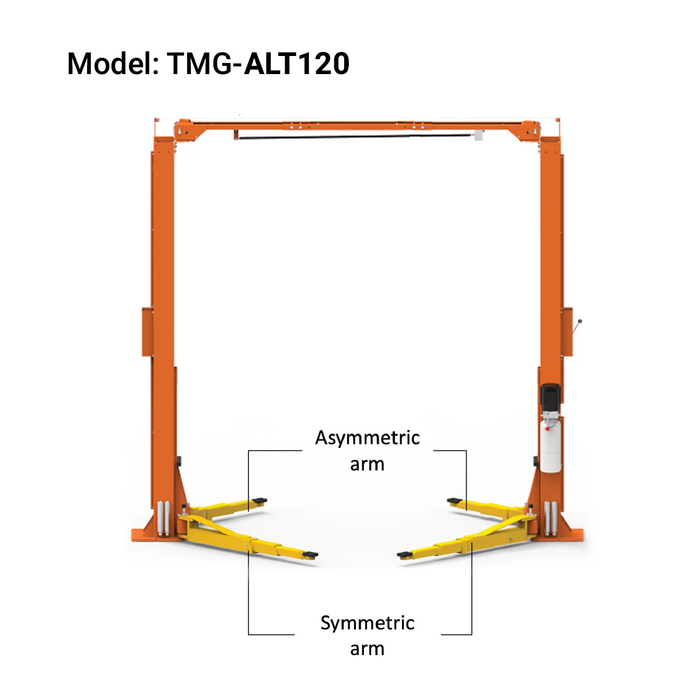 ALI Certified 10,000 lb Two-Post Overhead Auto Lift, Asymmetric/Symmetric Arms, 79" Lift Height, 144" Cross Beam, TMG-ALT120