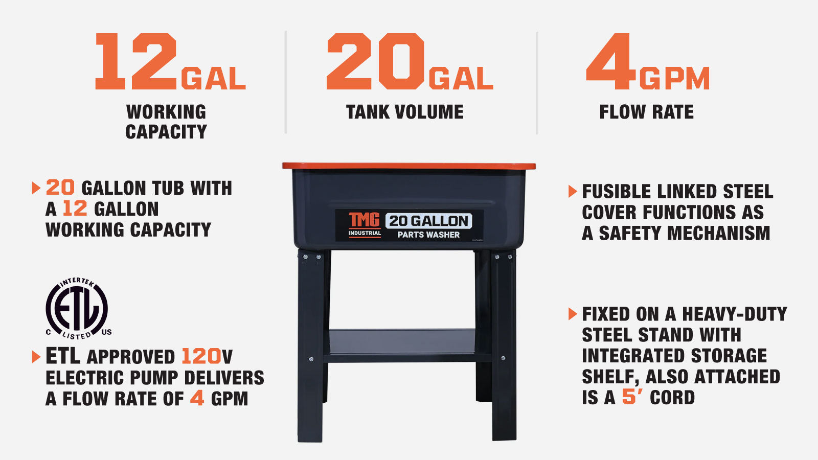 TMG Industrial 20 Gallon Parts Washer, 5’ Power Cord, 120V Pump, 4 GPM Flow, TMG-APW20-description-image