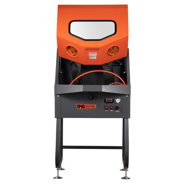 TMG-APW50H 50 gallon heated parts washer with open cabinet, straight-on view