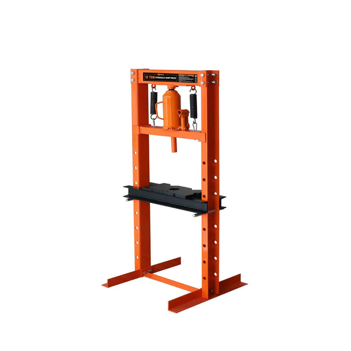 12 Ton Capacity Hydraulic Shop Press, H-Frame, Hand Crank Bottle Jack Pressing, 8 Bed Height Positions, TMG-ASP12