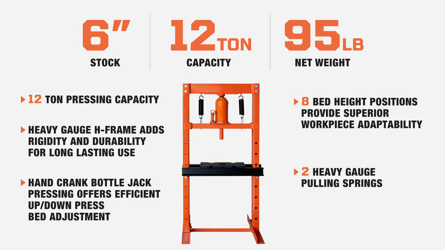 12 Ton Capacity Hydraulic Shop Press, H-Frame, Hand Crank Bottle Jack Pressing, 8 Bed Height Positions, TMG-ASP12