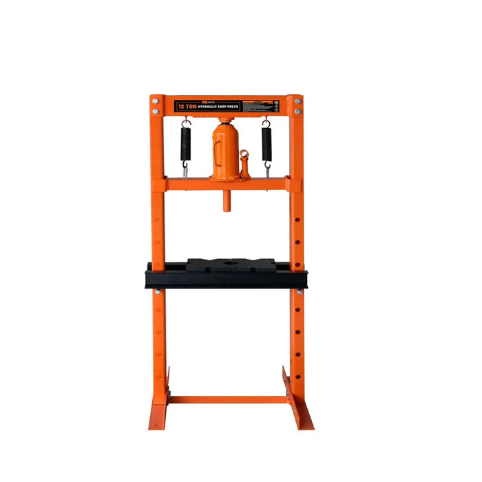 12 Ton Capacity Hydraulic Shop Press, H-Frame, Hand Crank Bottle Jack Pressing, 8 Bed Height Positions, TMG-ASP12