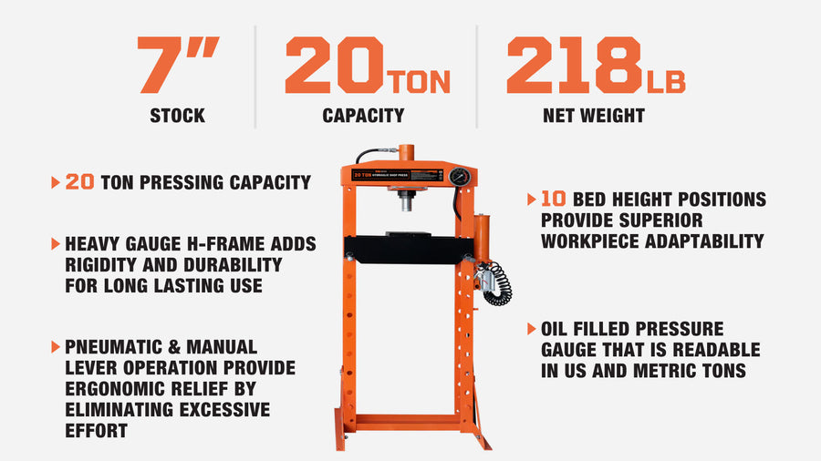 20 Ton Capacity Hydraulic Shop Press, Pneumatic & Manual Operation, 10 Bed Height Positions, TMG-ASP22 (Discontinued – No Longer Available)