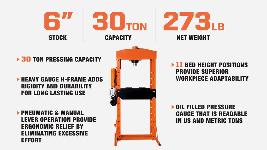 30 Ton Capacity Hydraulic Shop Press, Pneumatic & Manual Operation, 11 Bed Height Positions, TMG-ASP30 (Discontinued – No Longer Available)