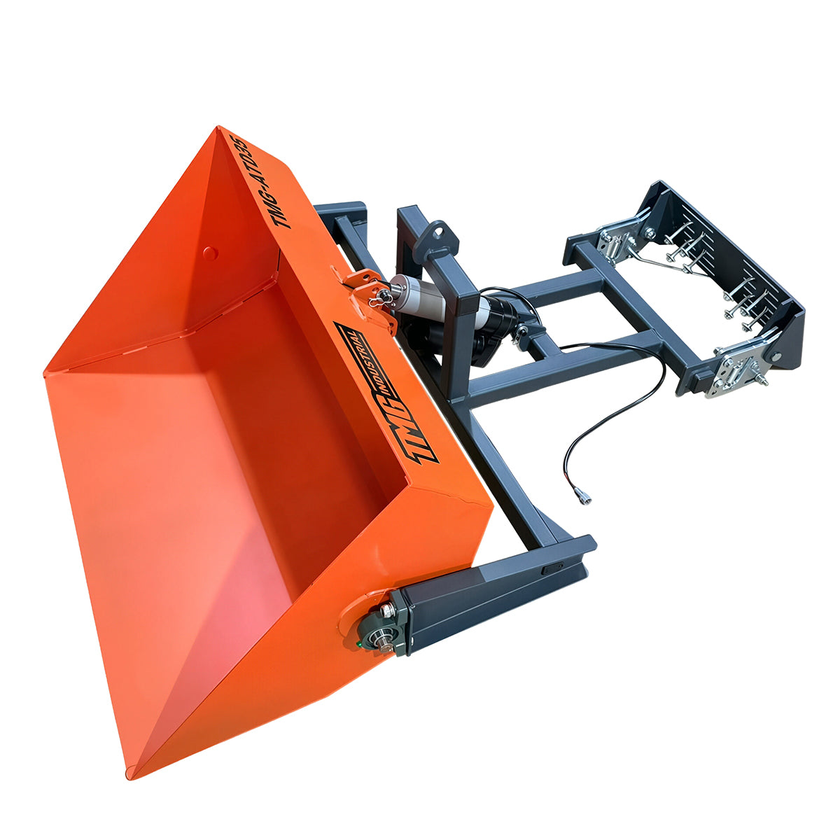 TMG-ATD35 ATV/UTV dumping bucket with orange bucket, support frame and mounting plate, front angled view.