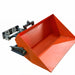 TMG-ATD35 dumping bucket viewed from the front side, showing the orange bucket interior, cutting edge and pivot hardware.