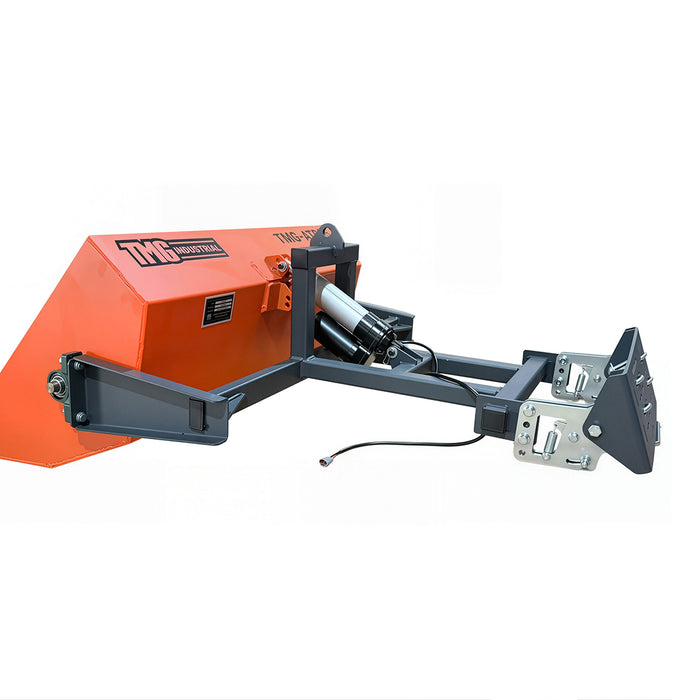 Side profile of the TMG-ATD35 dumping bucket showing the electric actuator, frame, mounting plate and power lead.