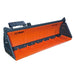 Front view of the TMG-ATS60 snow bucket plow showing its orange blade, bucket floor, side panels and bolted cutting edge.