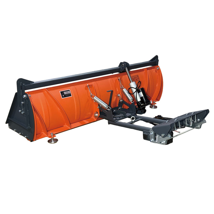 Rear angled view of the TMG-ATS60 snow bucket plow showing the reinforced blade back, actuator assembly and mounting frame.