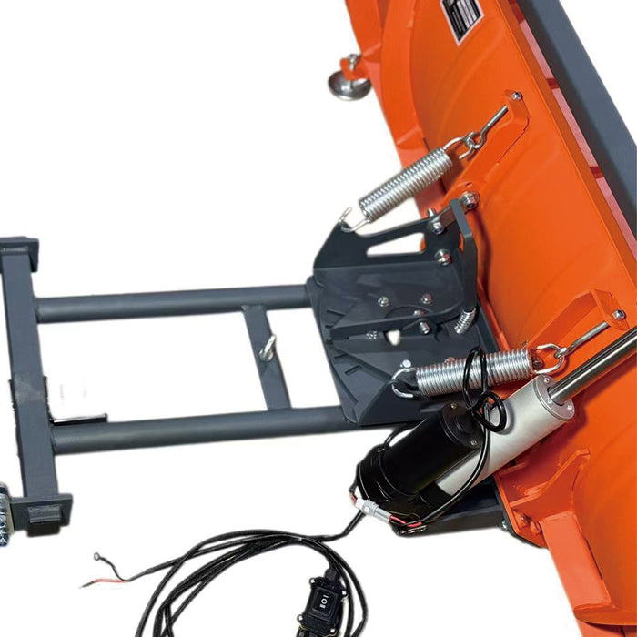 Close-up of the TMG-ATS60 snow plow showing the electric actuator, return springs, angle-adjustment plate and wiring.